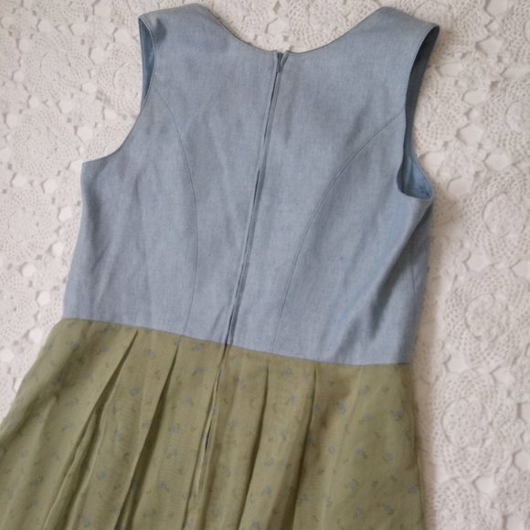 Perry Landhaus Maxi Dress Green Blue Floral Linen Fit Flare Medium Large  Women - Picture 6 of 7